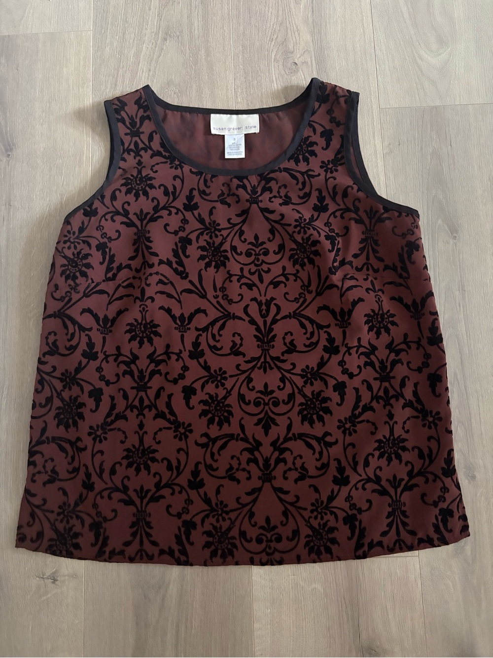 Vintage Susan Graver Brown Velvet Flock Damask Tank Top S